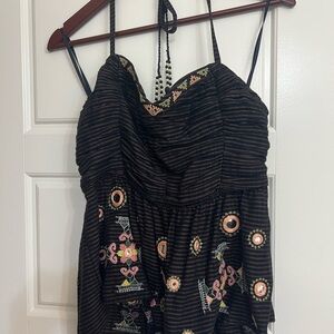 Free People Embroidery Black and Brown Halter Top